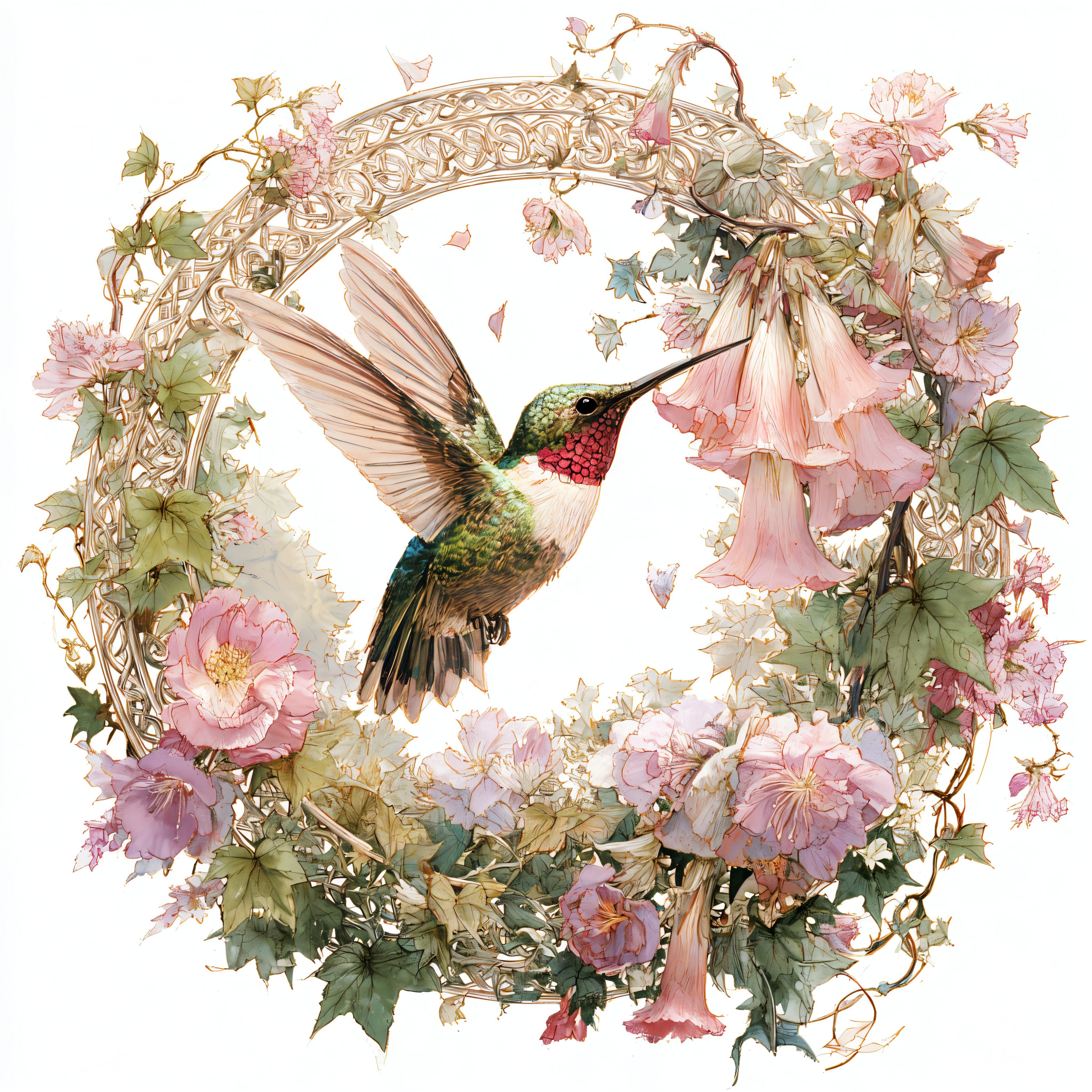 Ruby-Throated Hummingbird and Trumpet Flower Wreath Tote Bag