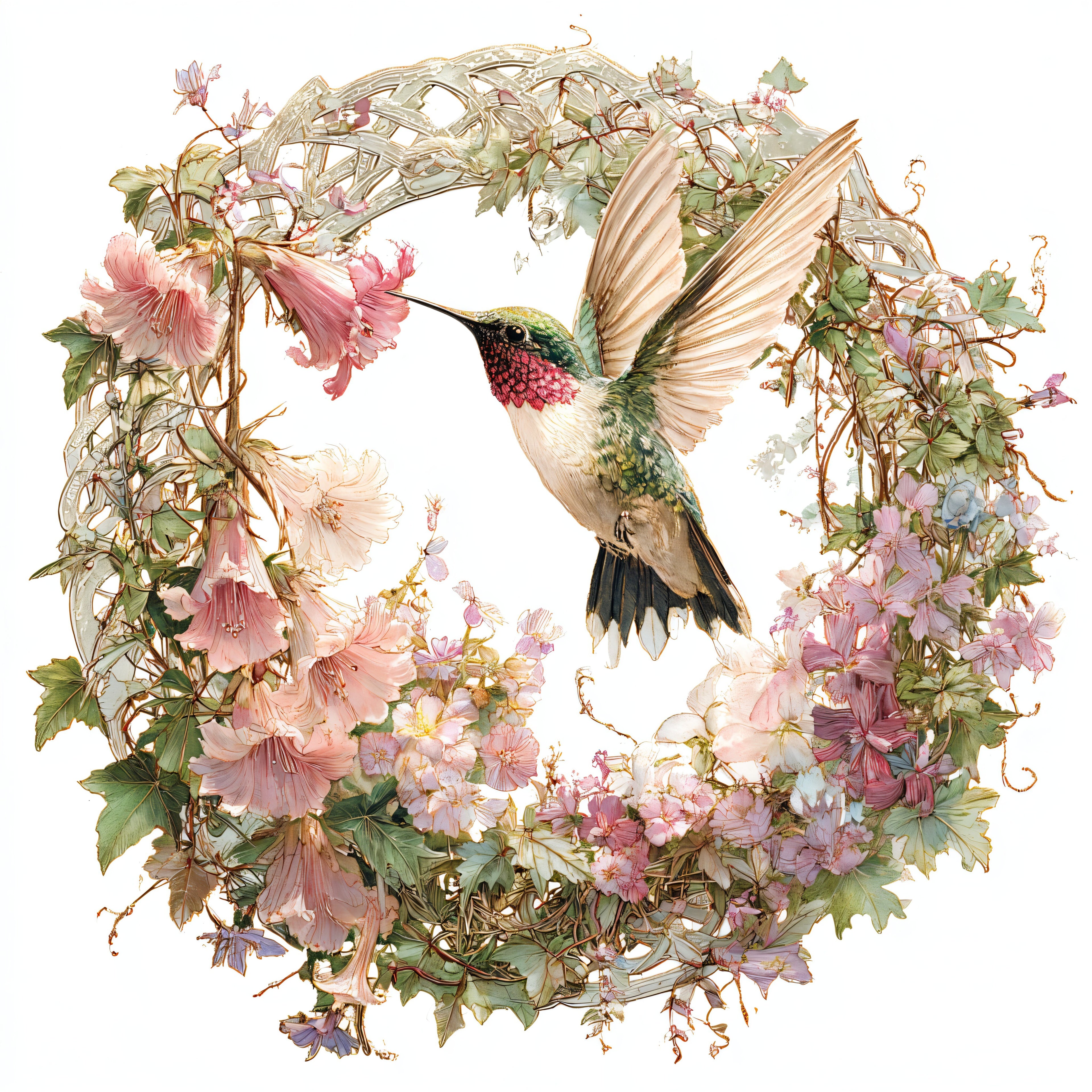 Ruby-Throated Hummingbird and Hollyhock Blossom Arch Tote Bag