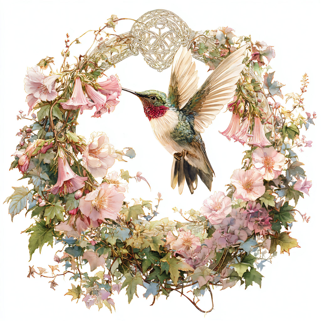 Ruby-Throated Hummingbird and Hollyhock Floral Wreath Tote Bag