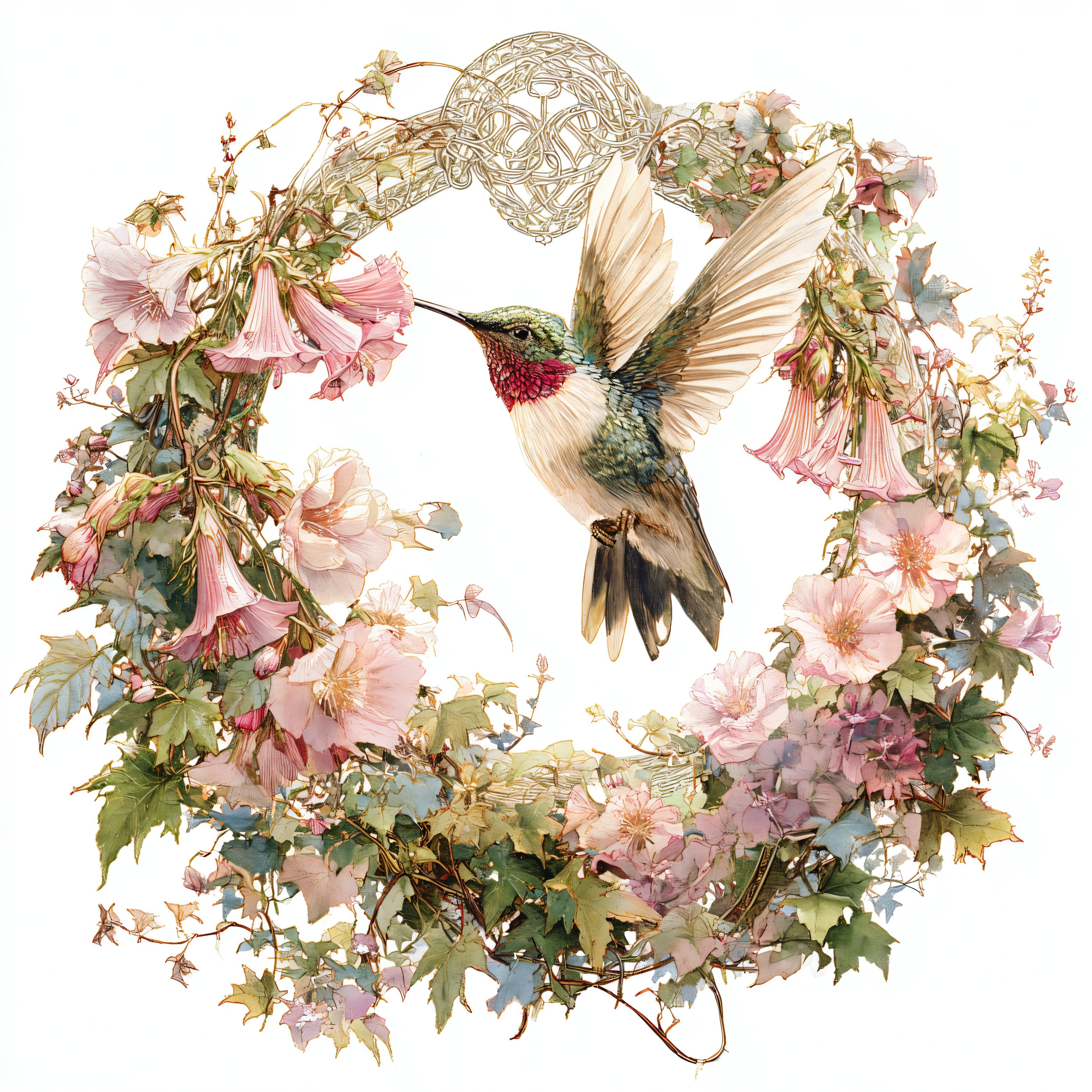 Ruby-Throated Hummingbird and Hollyhock Floral Wreath Tote Bag