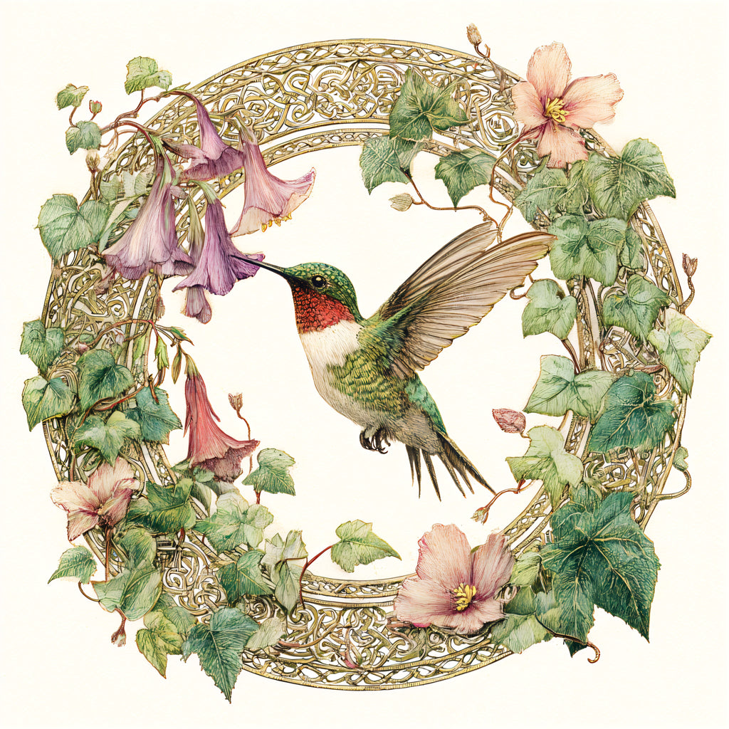 Ruby-Throated Hummingbird and Hollyhock Blossom Wreath Tote Bag