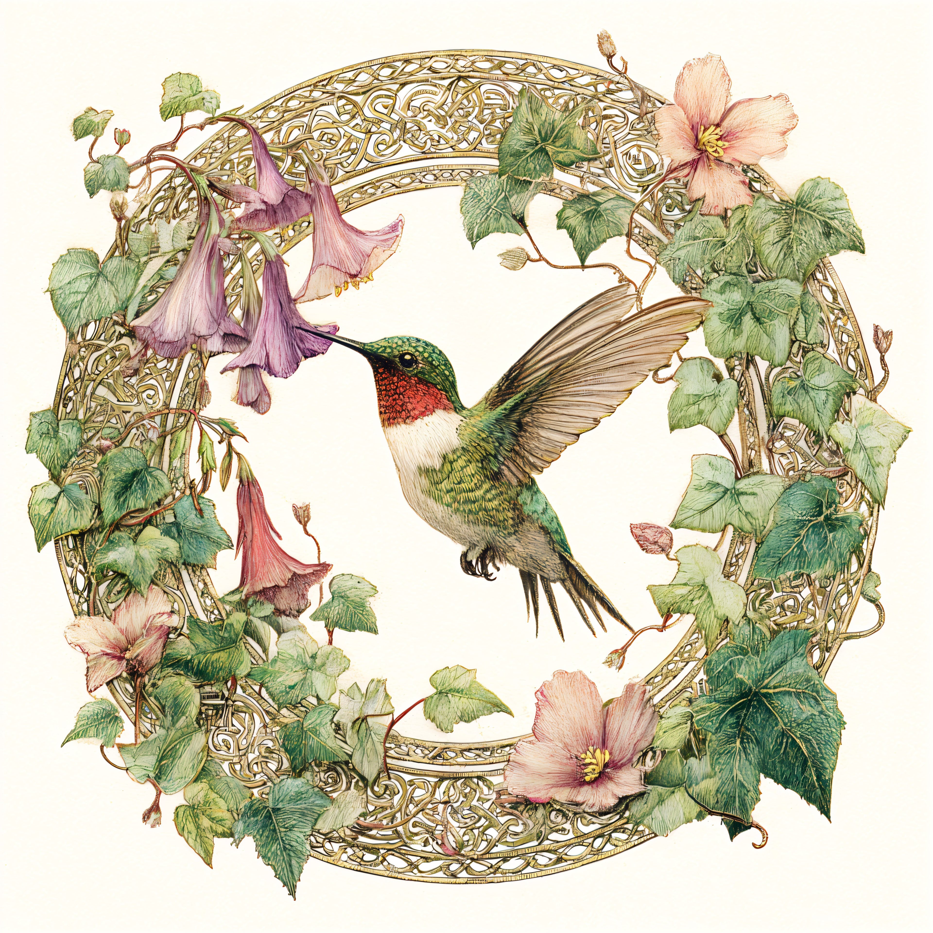 Ruby-Throated Hummingbird and Hollyhock Blossom Wreath Tote Bag