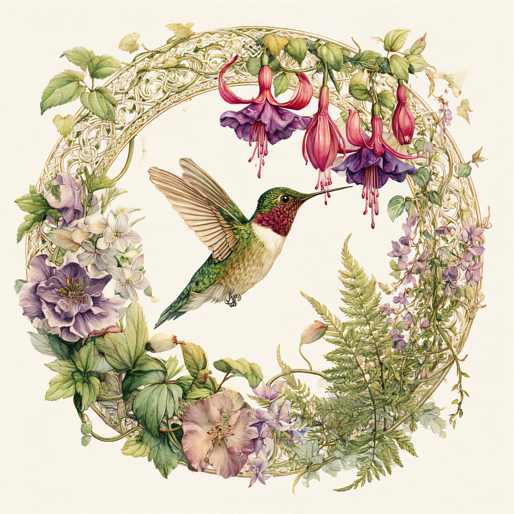 Ruby-Throated Hummingbird and Fuchsia Blossom Wreath Tote Bag