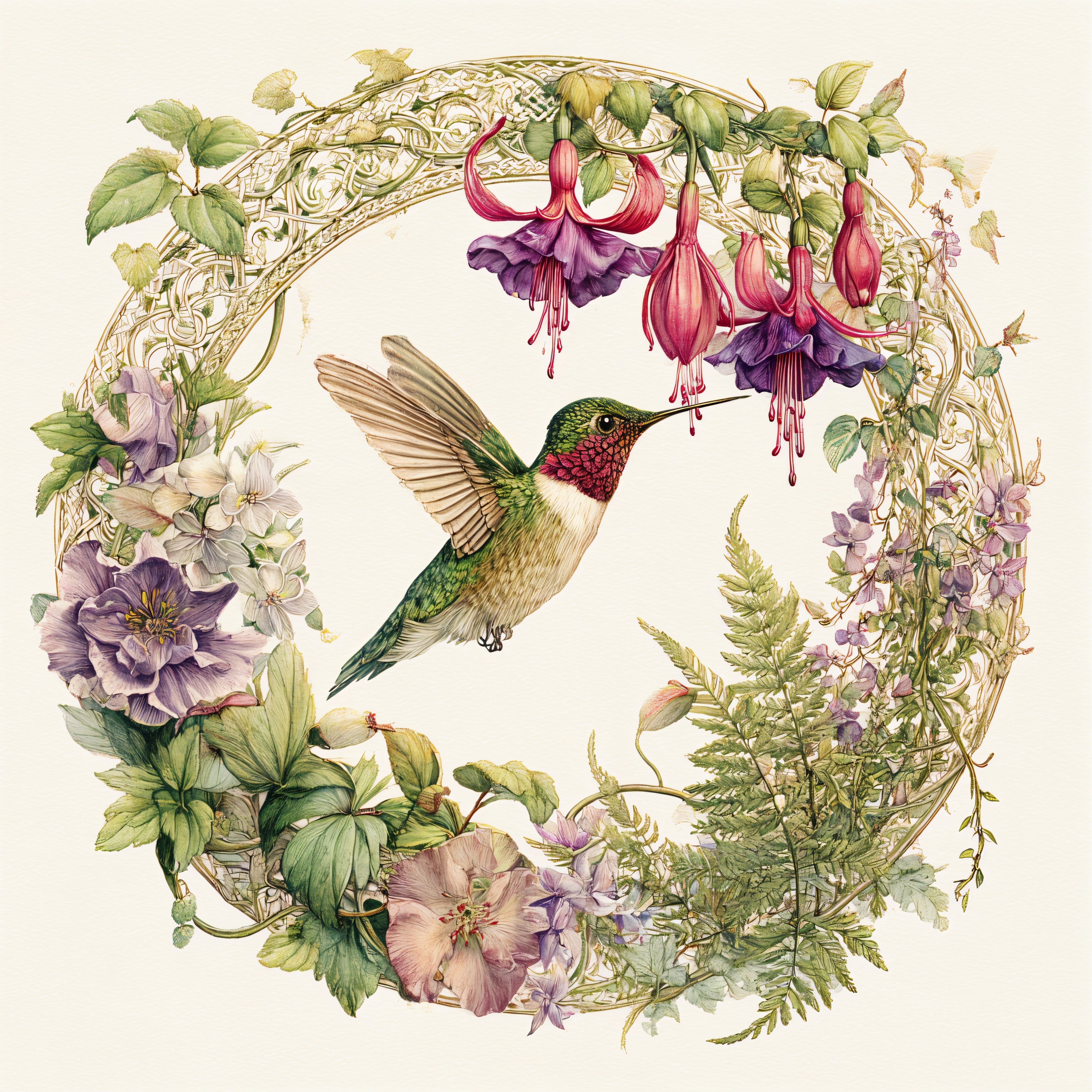 Ruby-Throated Hummingbird and Fuchsia Blossom Wreath Tote Bag