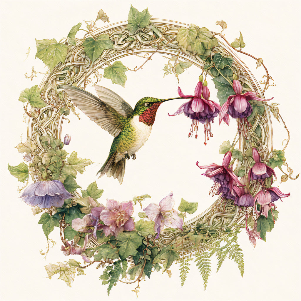 Ruby-Throated Hummingbird and Fuchsia Floral Wreath Tote Bag