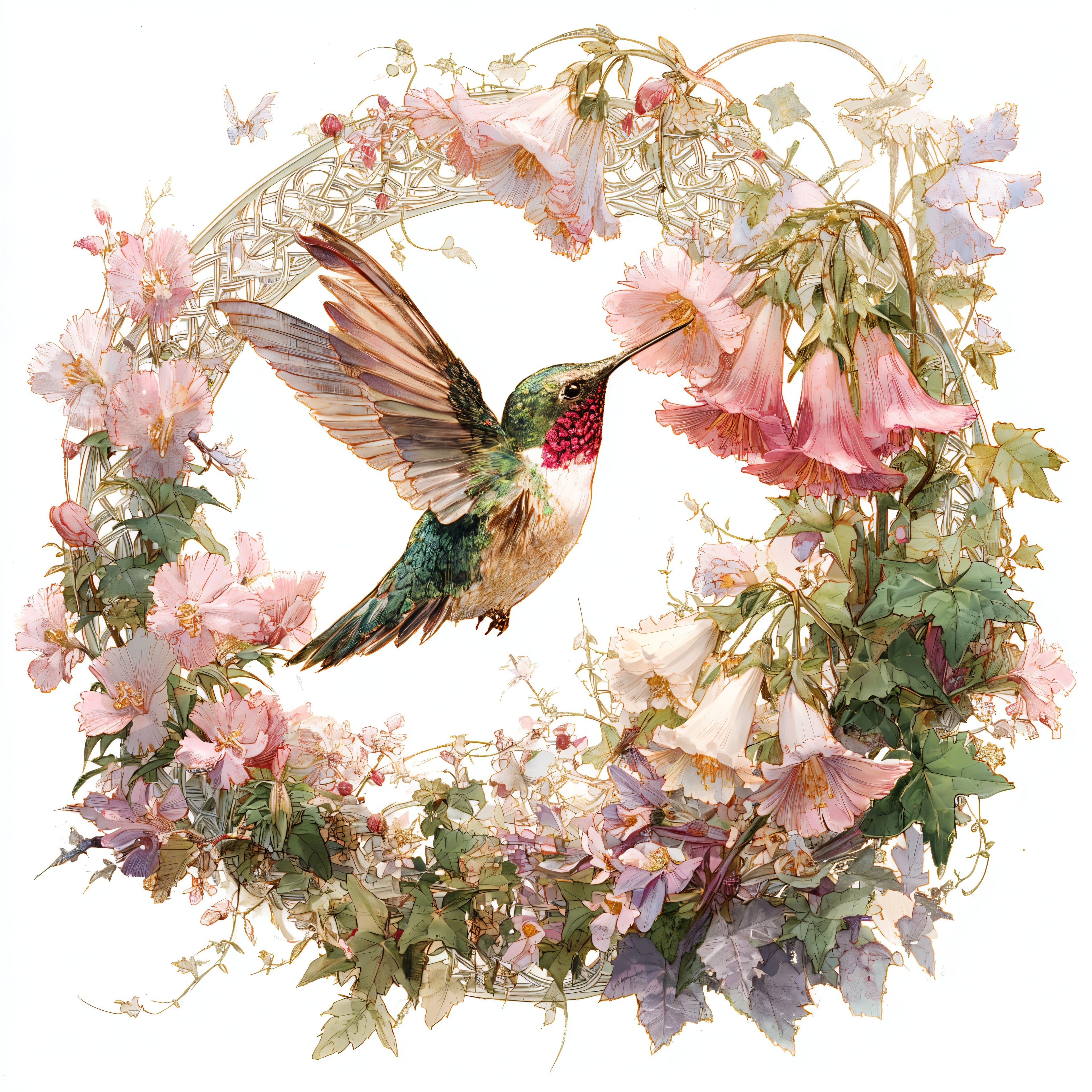 Ruby-Throated Hummingbird and Cottage Garden Wreath Tote Bag
