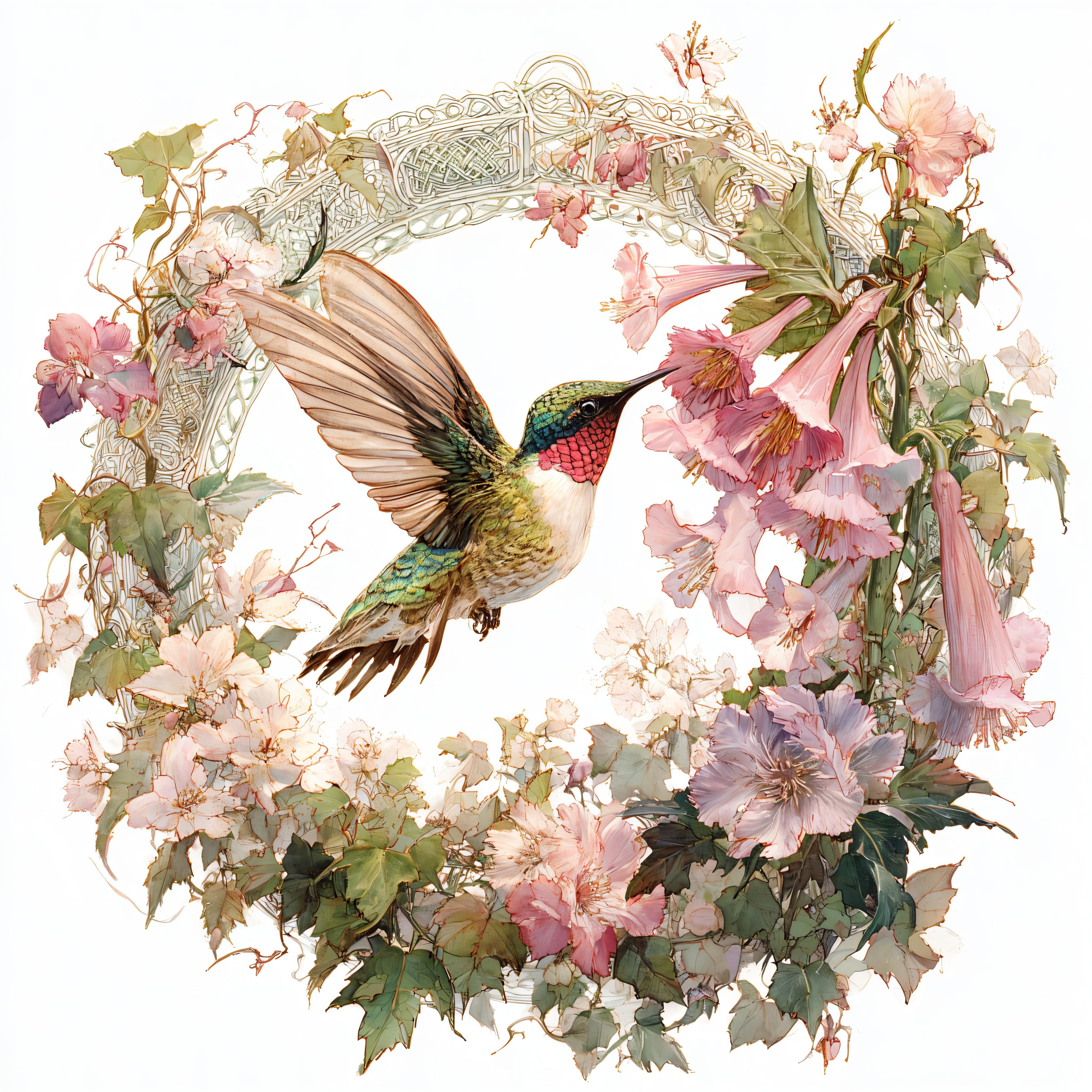 Ruby-Throated Hummingbird and Pink Trumpet Lily Wreath Tote Bag