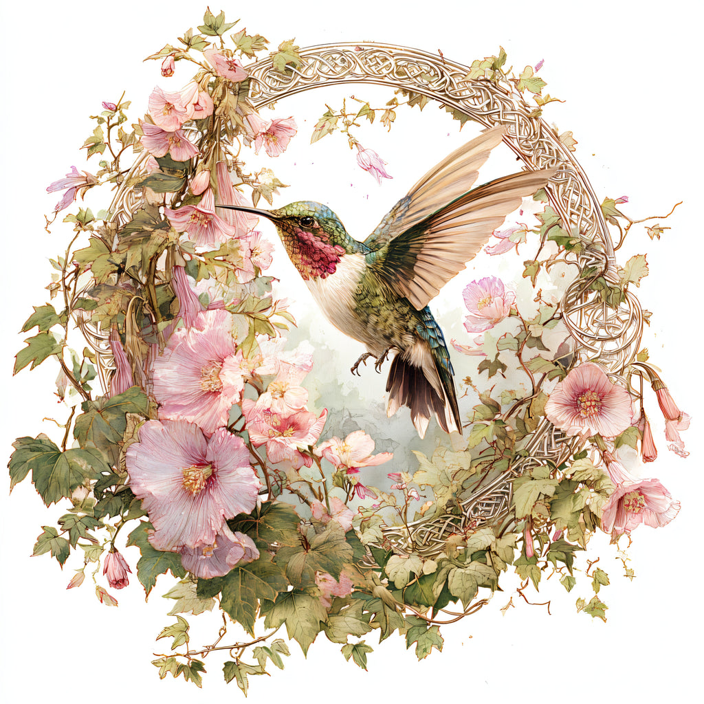 Ruby-Throated Hummingbird and Hollyhock Blossom Wreath Tote Bag