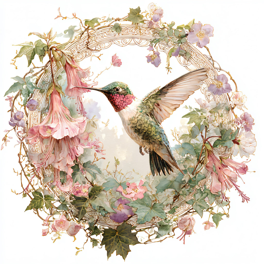 Ruby-Throated Hummingbird and Pink Hollyhock Floral Wreath Tote Bag