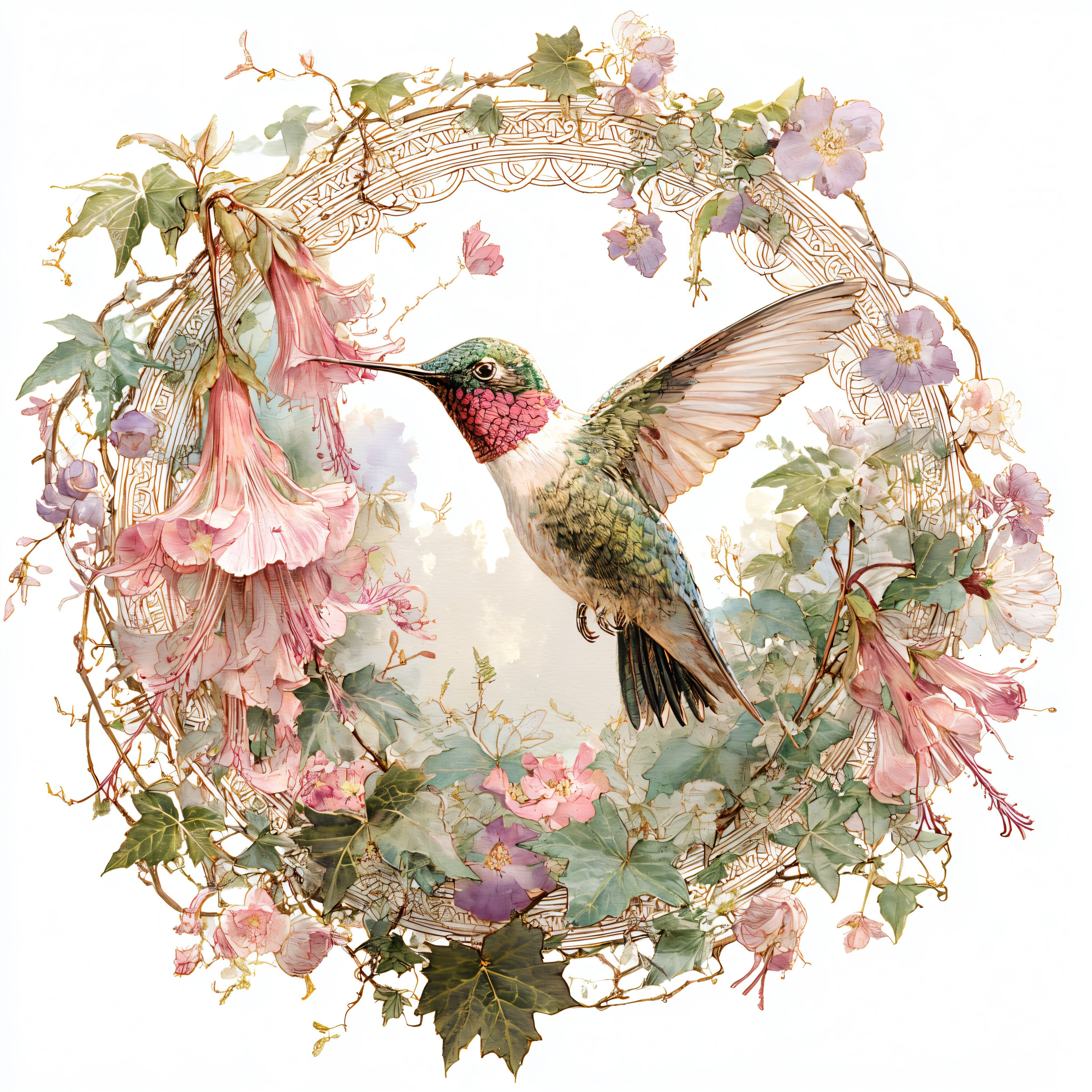Ruby-Throated Hummingbird and Pink Hollyhock Floral Wreath Tote Bag
