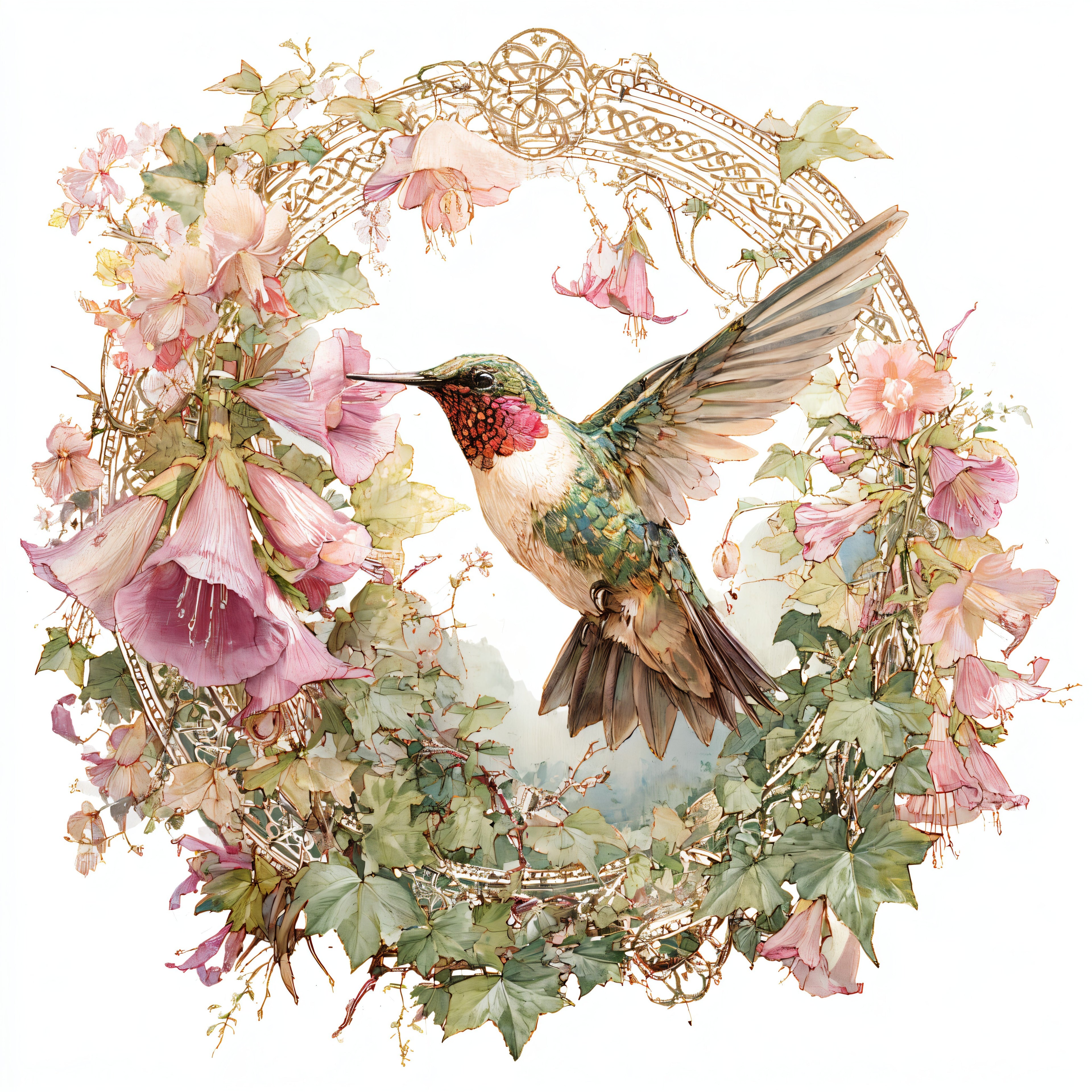 Ruby-Throated Hummingbird and Pink Hollyhock Vine Wreath Tote Bag