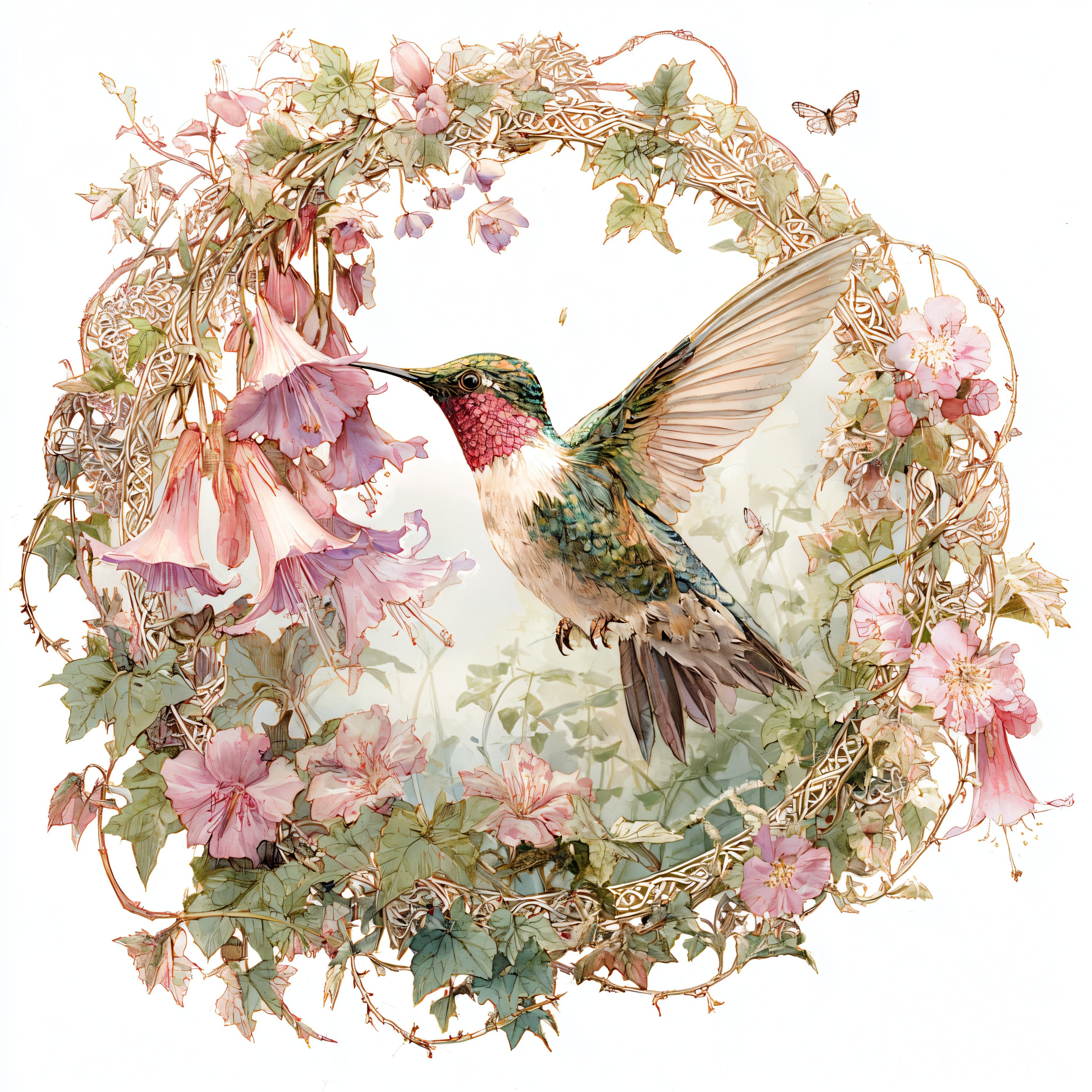 Ruby-Throated Hummingbird and Hollyhock Garden Wreath Tote Bag