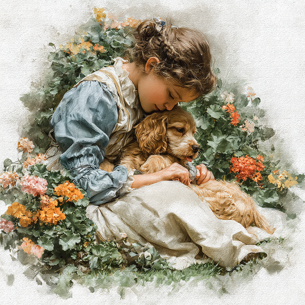 Girl and Cocker Spaniel in Flower Garden Watercolor Tote Bag | Cottagecore Dog Art