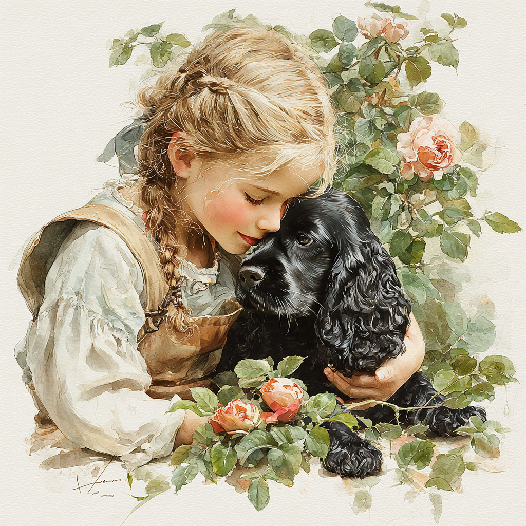 Girl and Black Cocker Spaniel Watercolor Tote Bag | Rose Garden Dog Art