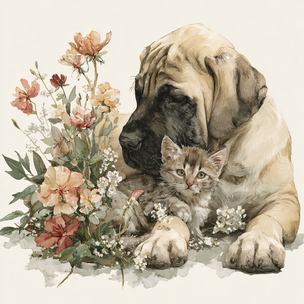 Mastiff and Kitten Floral Tote Bag | Gentle Guardian Animal Art