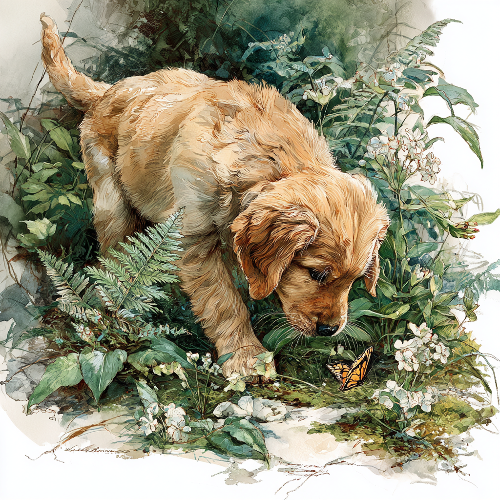 Golden Retriever Puppy Meets Butterfly Watercolor Tote Bag
