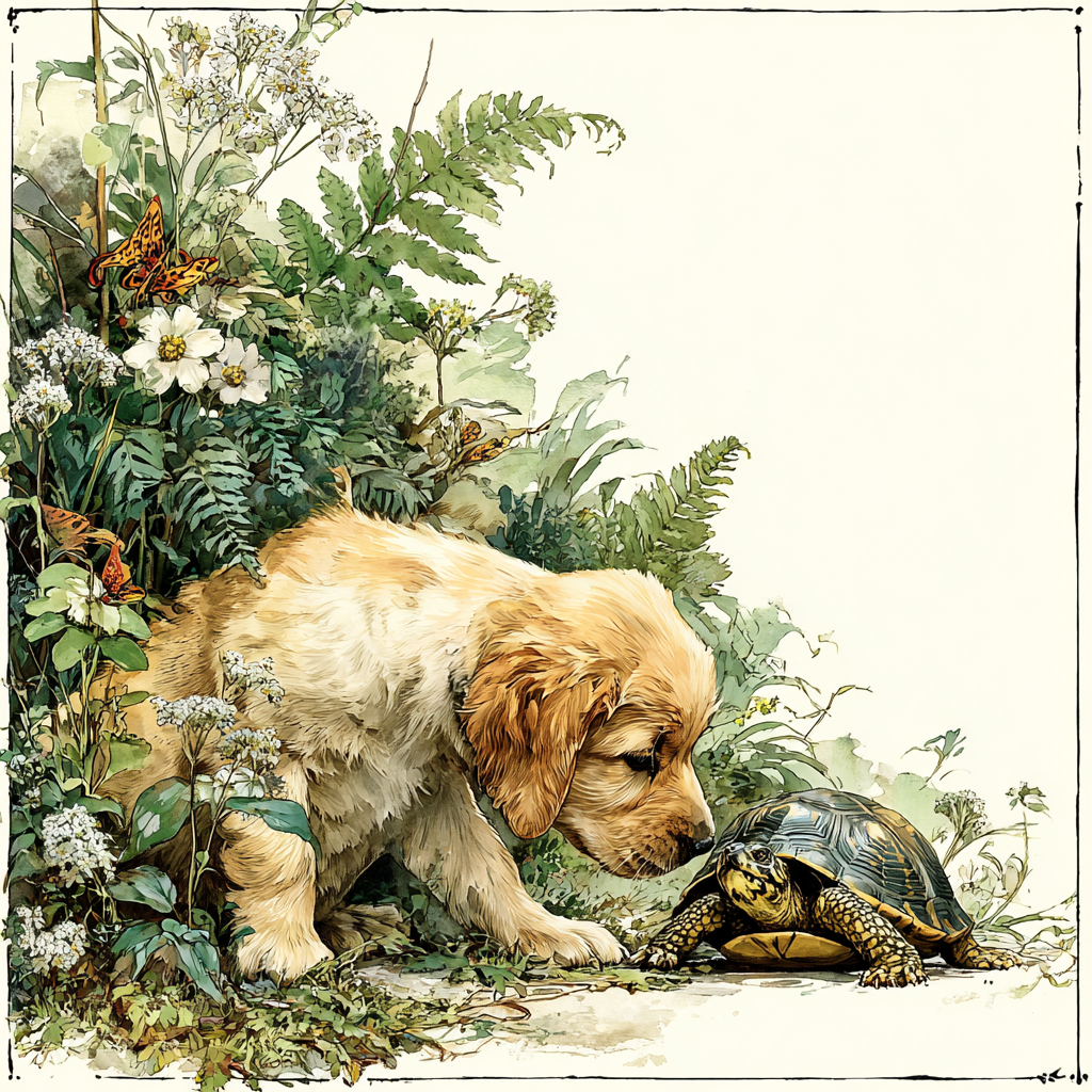Golden Retriever Puppy Meets Tortoise Watercolor Tote Bag