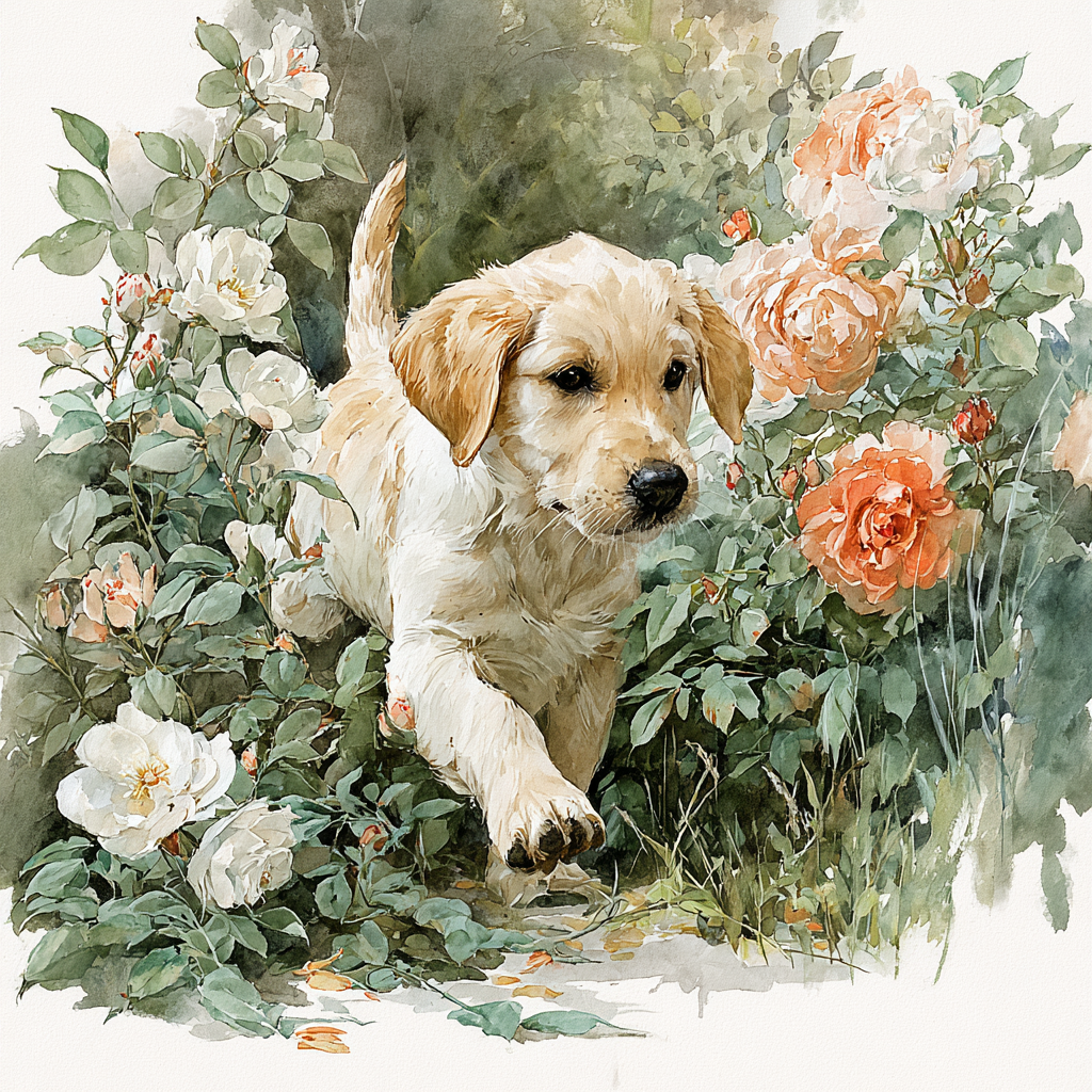 Golden Retriever Puppy in Blooming Rose Garden Watercolor Tote Bag