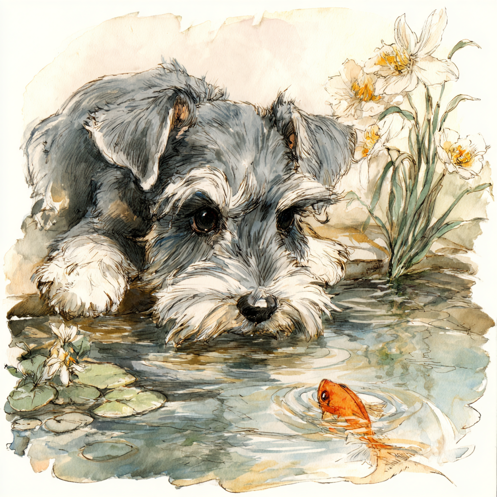 Miniature Schnauzer Puppy Watching A Koi Fish Tote Bag