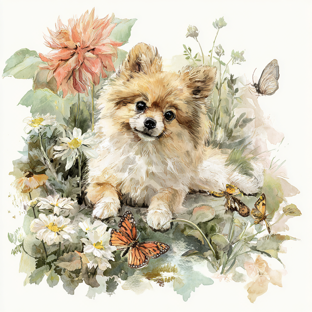 Pomeranian Butterfly Meadow Watercolor Tote Bag