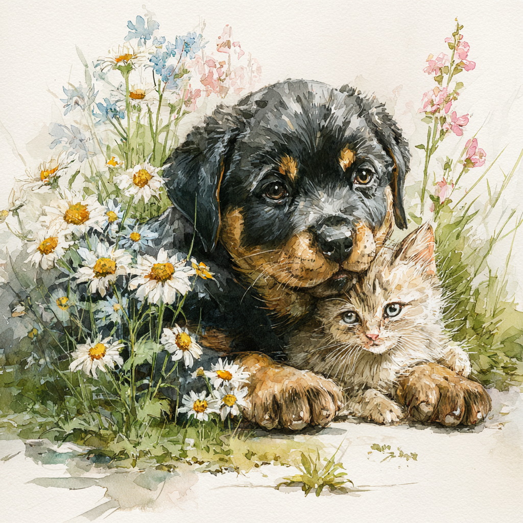 Rottweiler Puppy and Kitten Watercolor Tote Bag