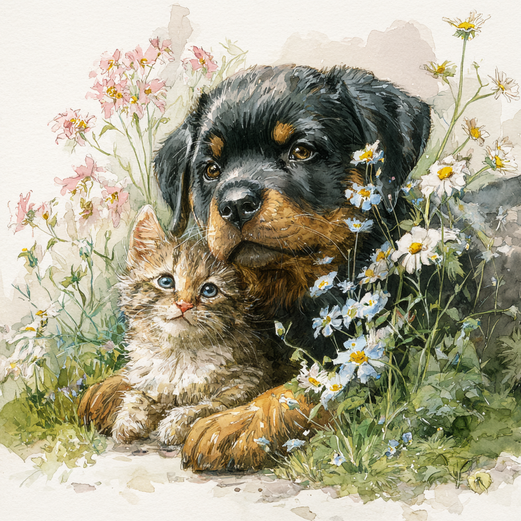 Rottweiler Puppy and Kitten Garden Watercolor Tote Bag