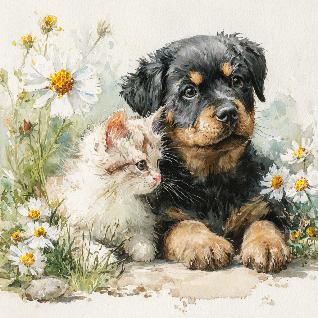 Rottweiler Puppy and White Kitten Watercolor Tote Bag