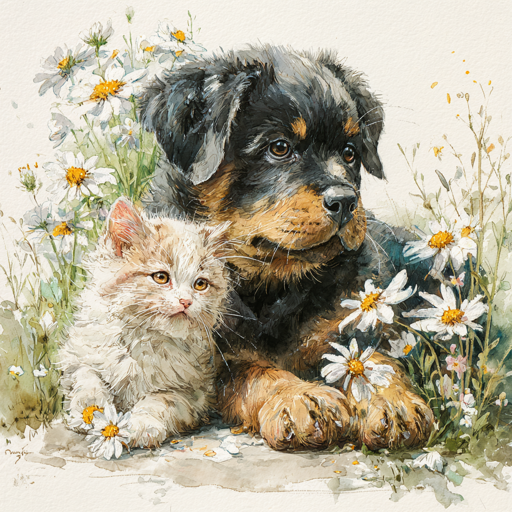 Rottweiler Puppy and Kitten Daisy Garden Watercolor Tote Bag