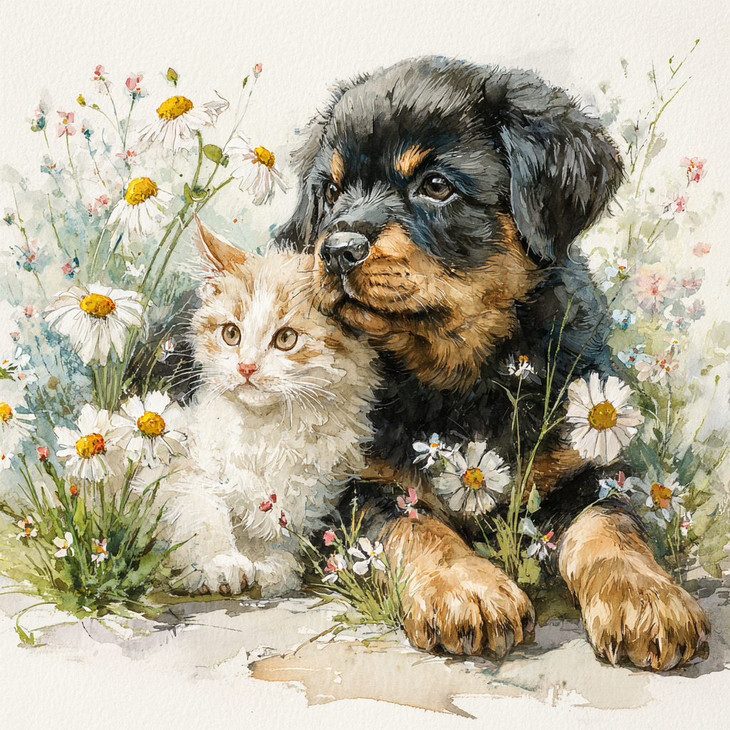 Rottweiler Puppy and Kitten Wildflower Watercolor Tote Bag