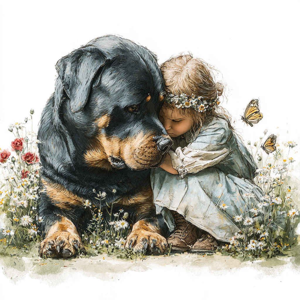 Rottweiler and Little Girl Watercolor Tote Bag