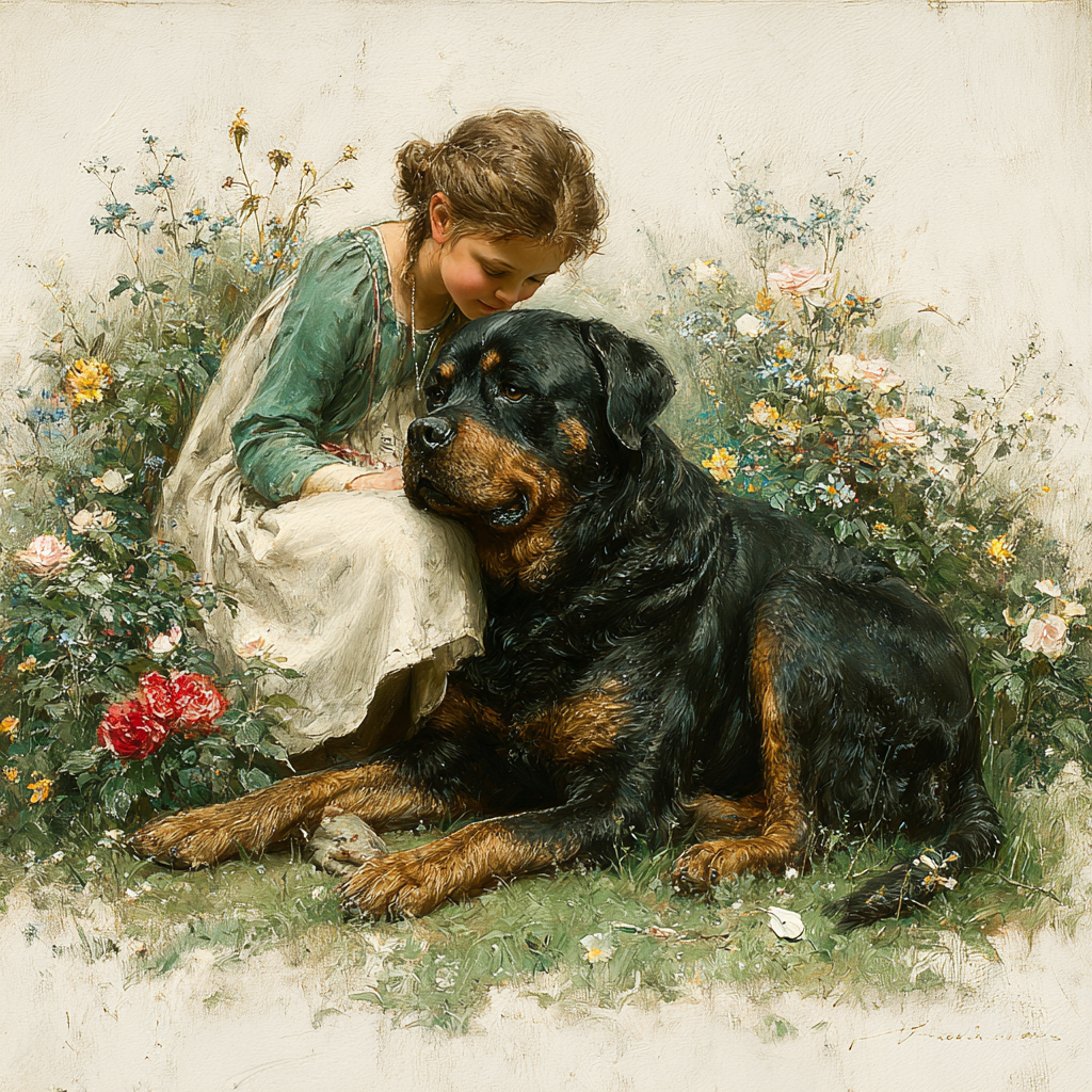 Rottweiler and Little Girl Garden Watercolor Tote Bag