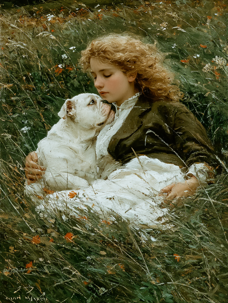 Girl and White Bulldog Tote Bag | Timeless Friendship Art
