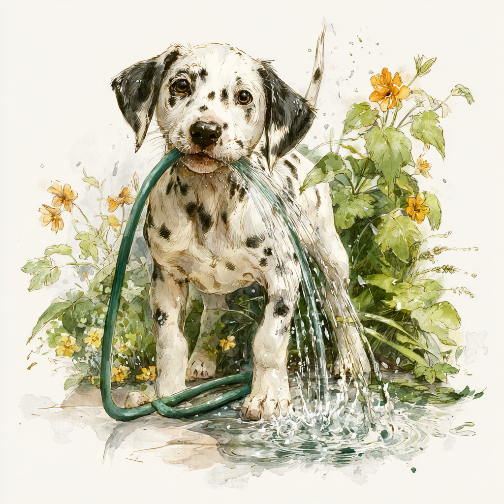 Playful Dalmatian Puppy Watercolor Tote Bag | Garden Hose Dog Art