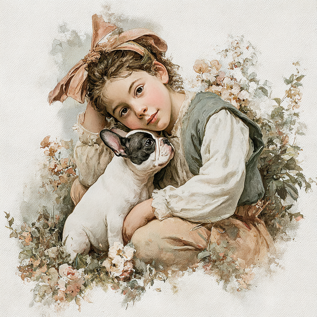 French Bulldog Puppy and Little Girl Tote Bag | Vintage Garden Friendship Art