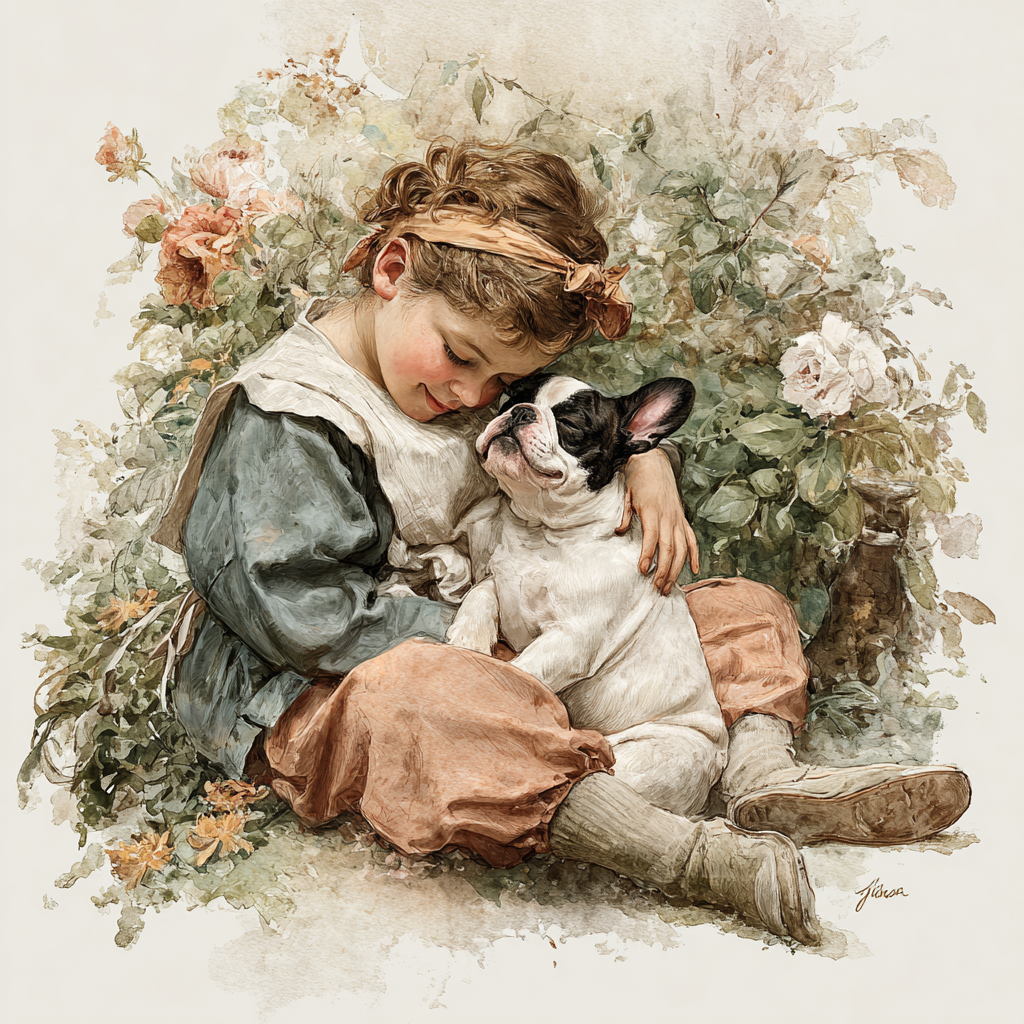 French Bulldog Puppy Snuggles Tote Bag | Vintage Garden Friendship Art