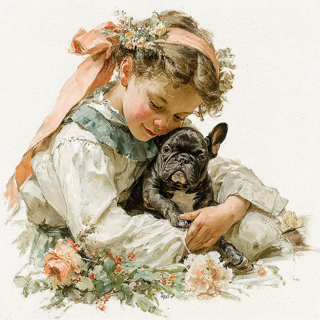 French Bulldog Puppy Snuggles Tote Bag | Little Girl and Frenchie Friendship Art