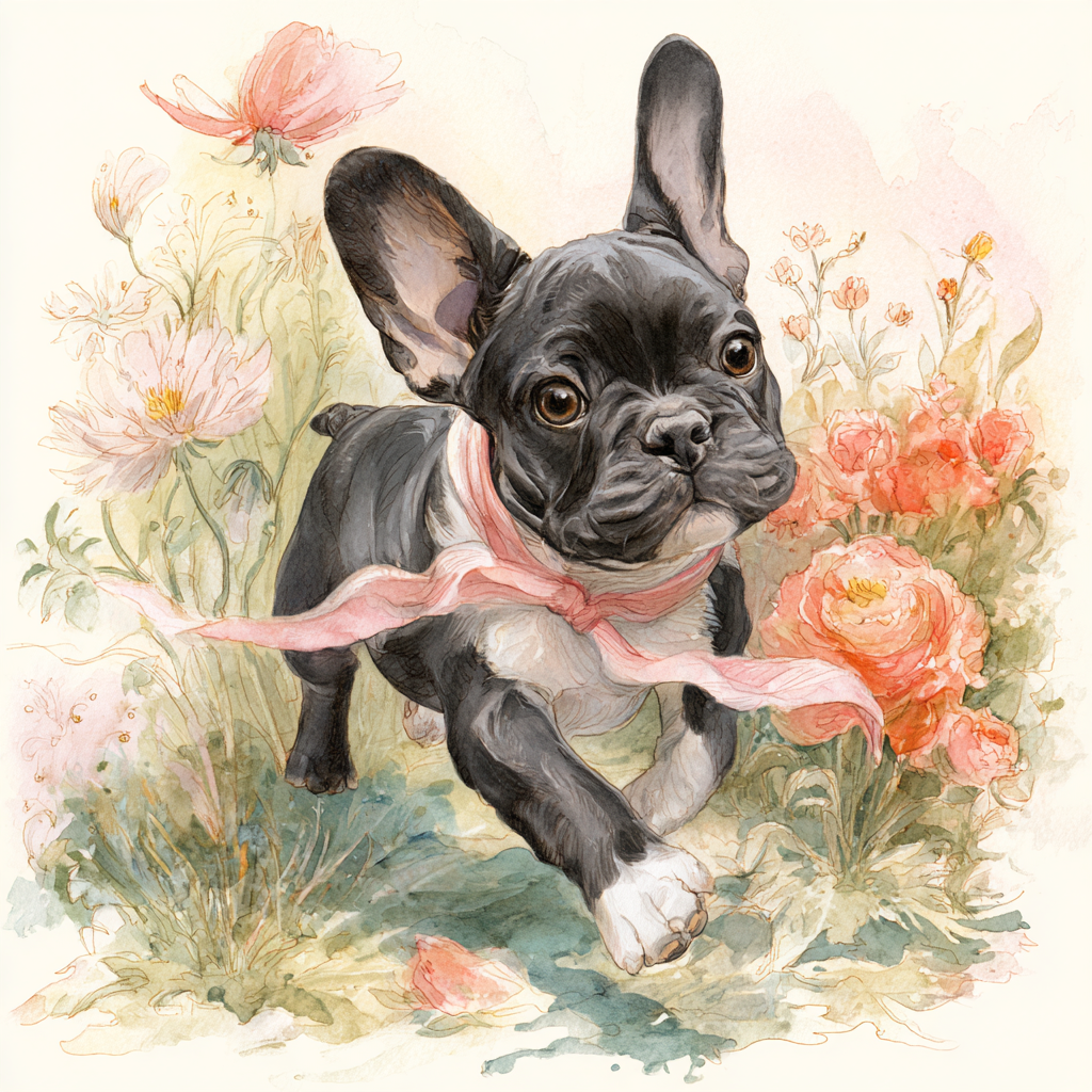 French Bulldog Puppy with Pink Ribbon Tote Bag | Floral Frenchie Garden Art