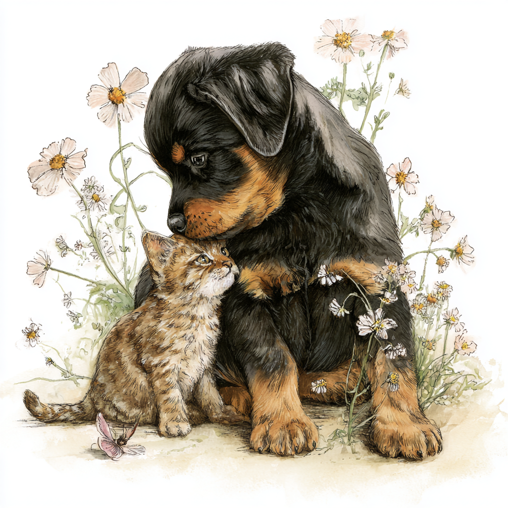 Rottweiler and Kitten Friendship Watercolor Tote Bag